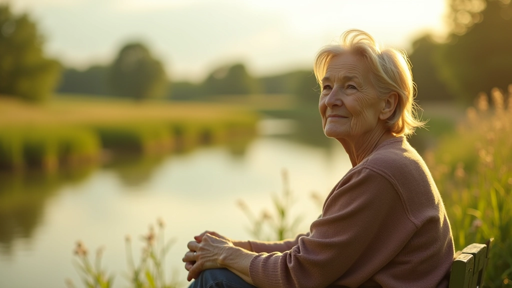 Seniorė sėdi prie upės su nešiniu, ramiausiame gamtos momente, nuraminti veido bruožai